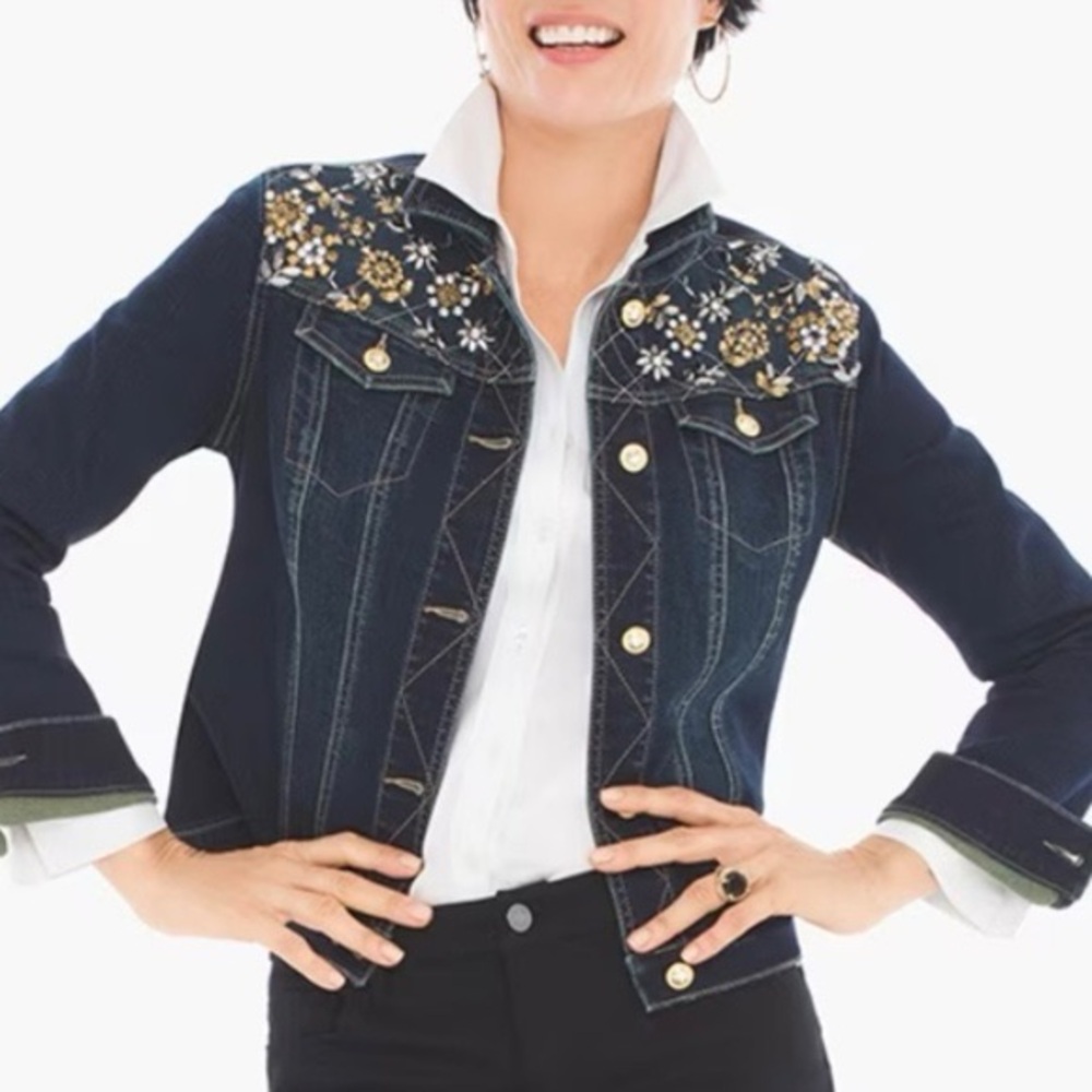 Chico's Navy Embellished Denim Jacket
